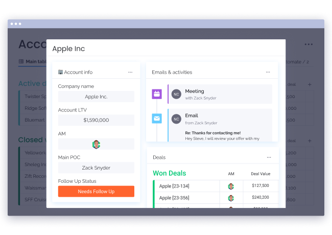 CarbonCRM Suite Account Overview, Powered by monday sales CRM