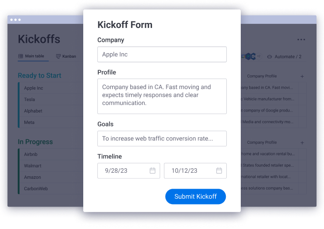 CarbonCRM Suite Project Kickoff Form, Powered by monday sales CRM